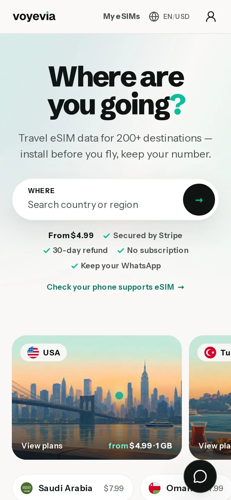 The Voyevia website on a phone, asking: Where are you going? Travel eSIM data for 200+ destinations.